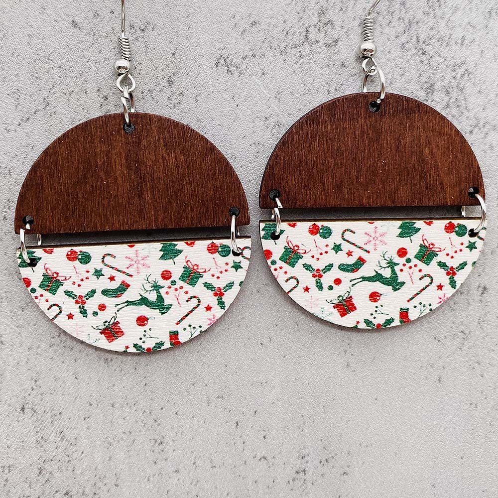 Wholesale Christmas Half Round Wood Chips Patchwork Earrings